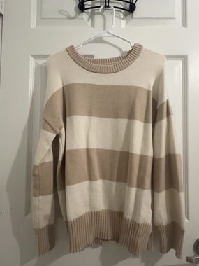 Women's Striped Scoop Neck Sweater - Cream & Tan